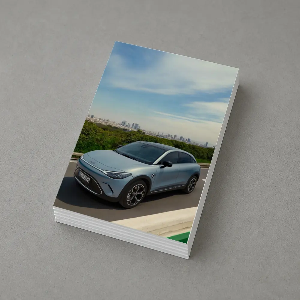 Smart Car Driving Highway City Skyline Background – Postcards