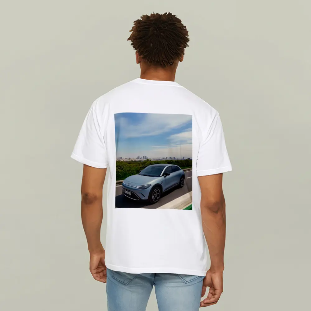 Smart Car Driving Highway City Skyline Background – T-Shirts