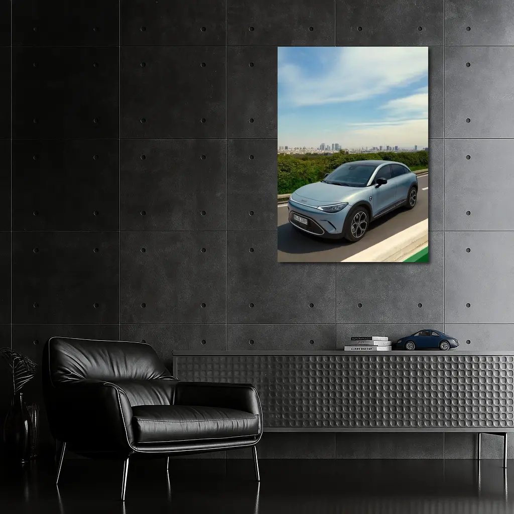 Smart Car Driving Highway City Skyline Background – Wall Art