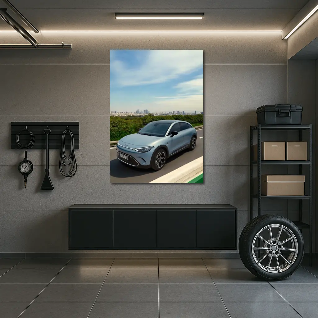 Smart Car Driving Highway City Skyline Background – Wall Art
