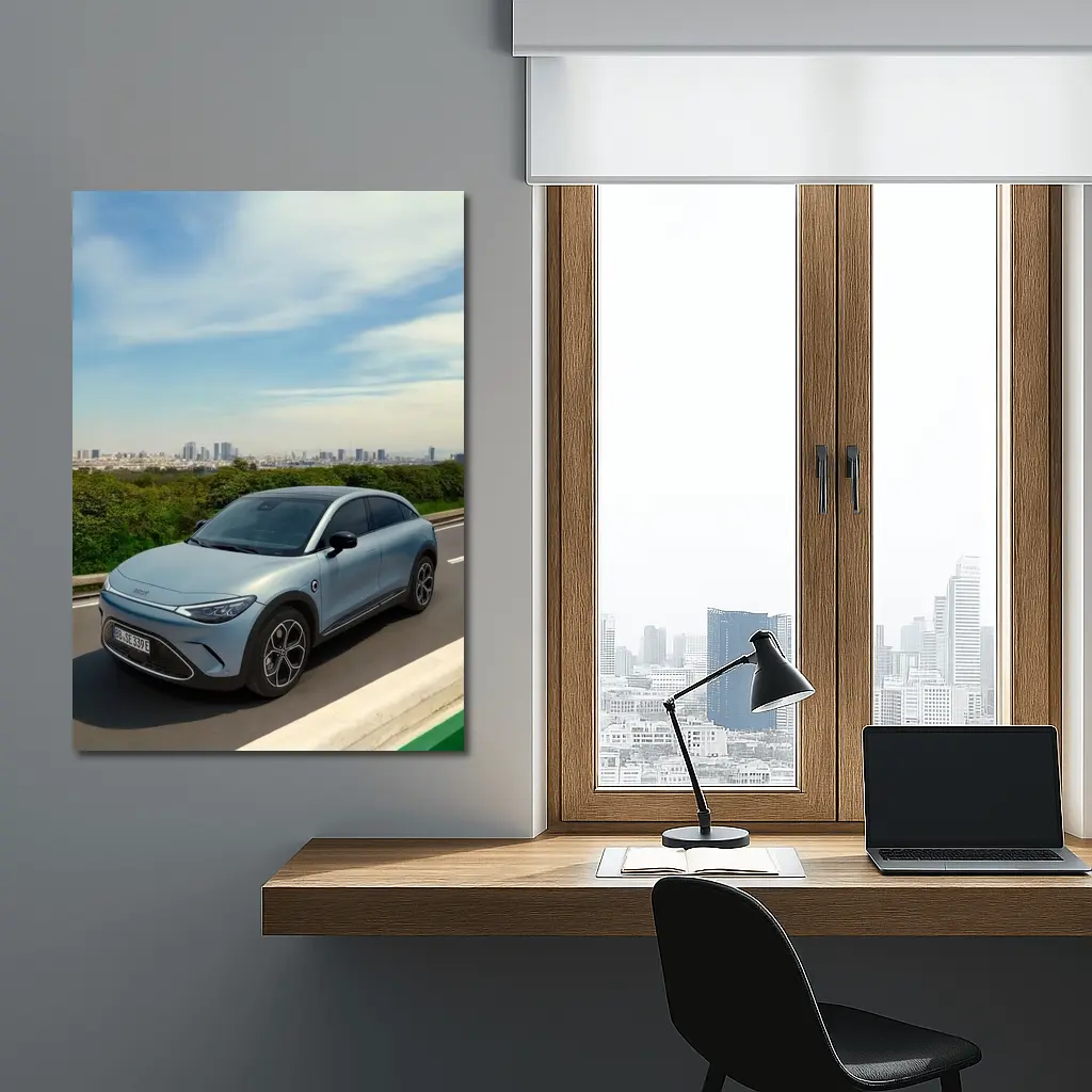 Smart Car Driving Highway City Skyline Background – Wall Art