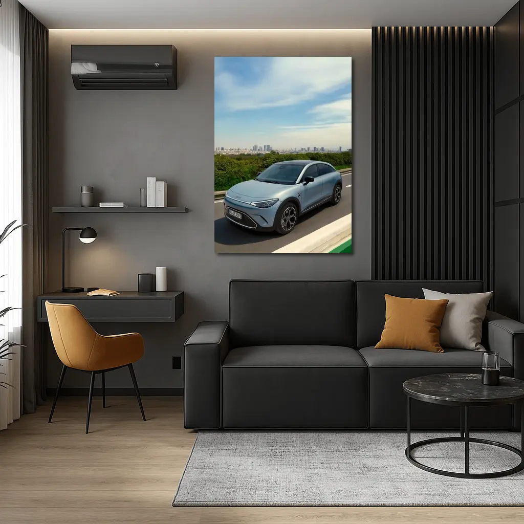 Smart Car Driving Highway City Skyline Background – Wall Art