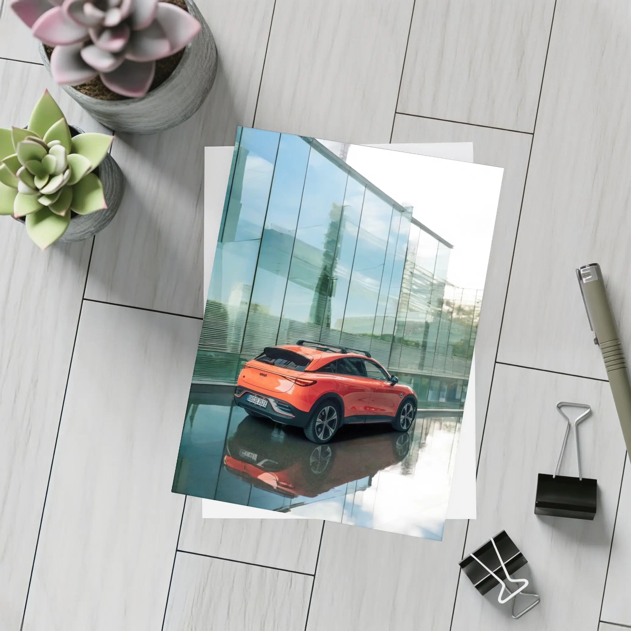 Smart Car Orange SUV Glass Building – Postcards