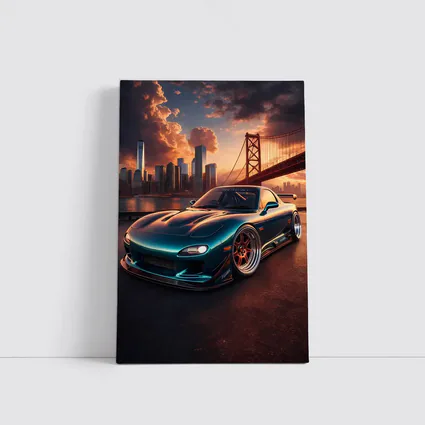 Mazda RX7 Teal Widebody City Bridge Sunset