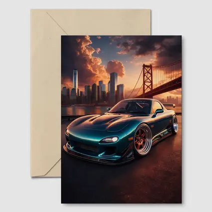 Mazda RX7 Teal Widebody City Bridge Sunset