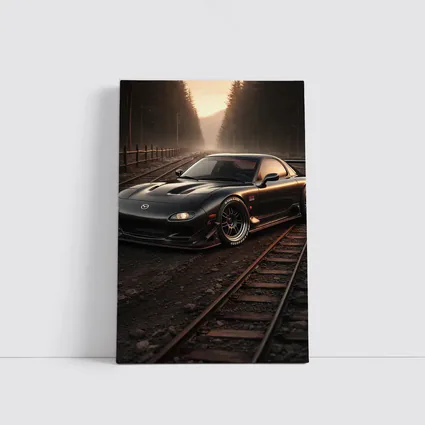 Mazda RX7 Black Car on Railroad Tracks