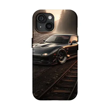 Mazda RX7 Black Car on Railroad Tracks