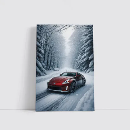 Nissan 370Z Red Sports Car Snowy Forest