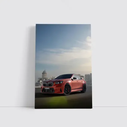 BMW M5 Red Sedan City Skyline Background