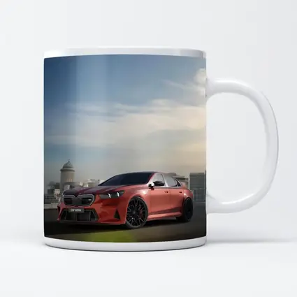 BMW M5 Red Sedan City Skyline Background