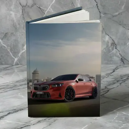 BMW M5 Red Sedan City Skyline Background