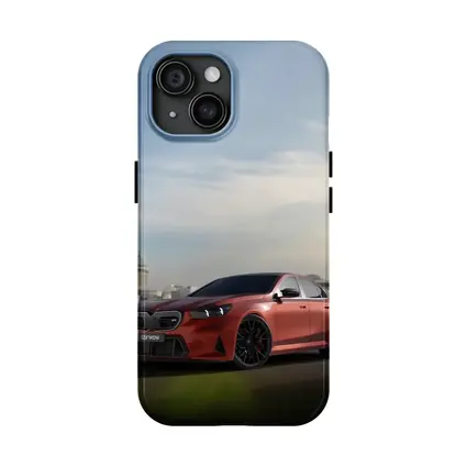 BMW M5 Red Sedan City Skyline Background