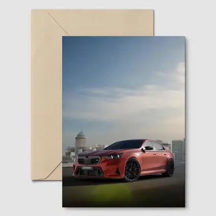BMW M5 Red Sedan City Skyline Background