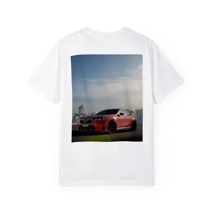 BMW M5 Red Sedan City Skyline Background
