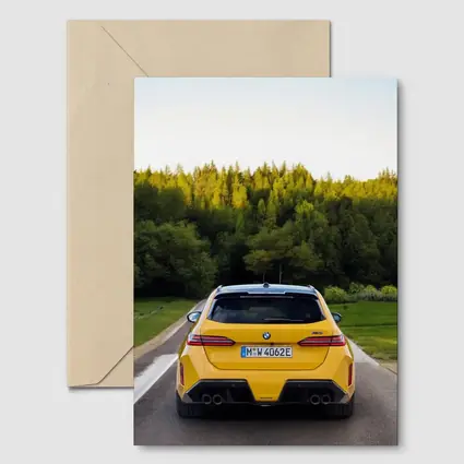 BMW M5 Yellow Rear View Forest Road