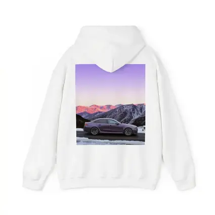 BMW M5 Purple Sedan Snowy Mountain Sunset