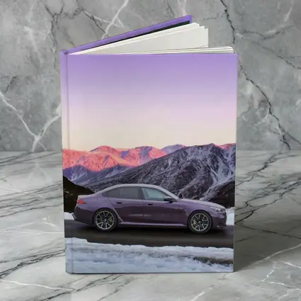 BMW M5 Purple Sedan Snowy Mountain Sunset