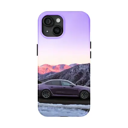 BMW M5 Purple Sedan Snowy Mountain Sunset
