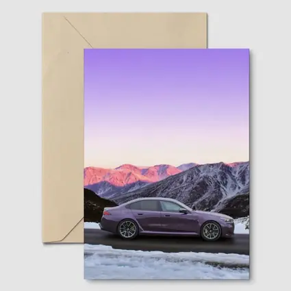 BMW M5 Purple Sedan Snowy Mountain Sunset