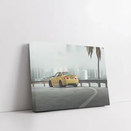 BMW M3 Yellow Coupe Foggy City Street