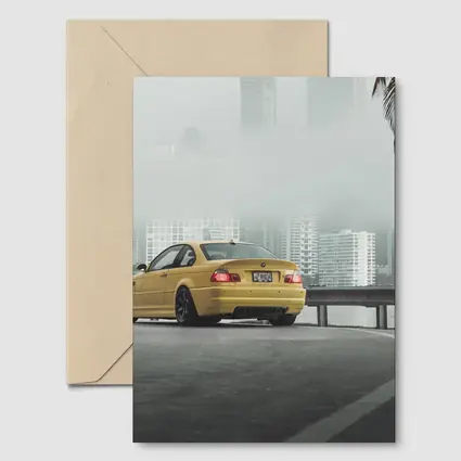 BMW M3 Yellow Coupe Foggy City Street
