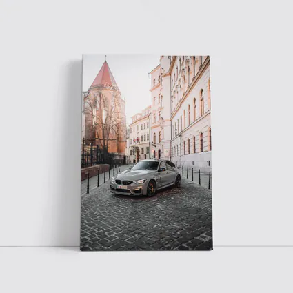 BMW M3 Silver Sedan European Cobblestone Street