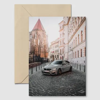 BMW M3 Silver Sedan European Cobblestone Street