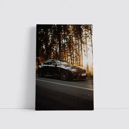 BMW M4 Black Coupe Forest Sunset Road
