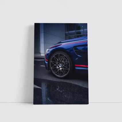 BMW M4 Blue Racing Stripes Wet Pavement