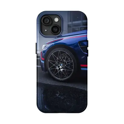 BMW M4 Blue Racing Stripes Wet Pavement