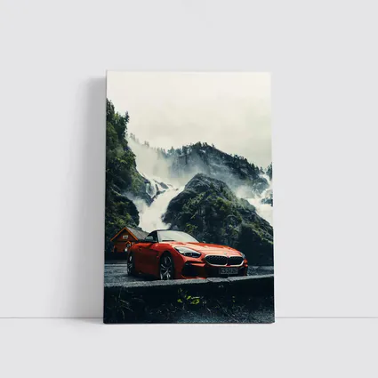 BMW Z4 Red Roadster Misty Waterfall Background