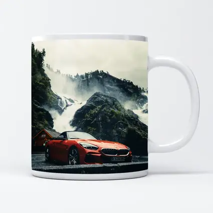 BMW Z4 Red Roadster Misty Waterfall Background