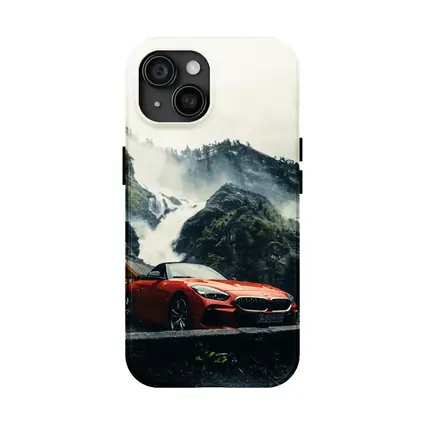 BMW Z4 Red Roadster Misty Waterfall Background