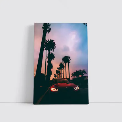 BMW Red Car Palm Trees Sunset Sky