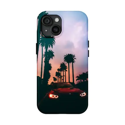 BMW Red Car Palm Trees Sunset Sky