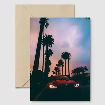 BMW Red Car Palm Trees Sunset Sky