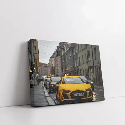 Yellow Audi R8 Wet City Street