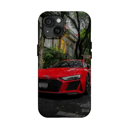 Red Audi R8 Parked On Tree Lined Street