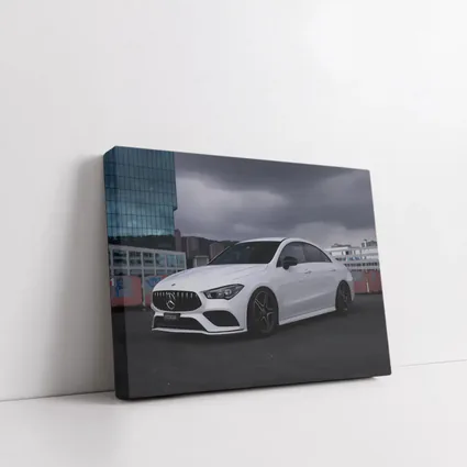 Mercedes CLA White Sedan Stormy City