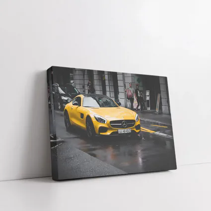 Yellow Mercedes AMG GT Rainy City Street