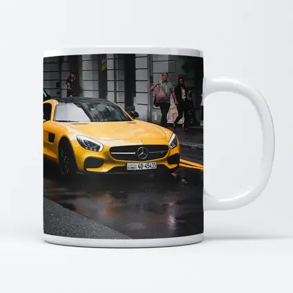 Yellow Mercedes AMG GT Rainy City Street