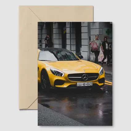 Yellow Mercedes AMG GT Rainy City Street