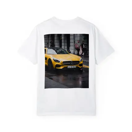 Yellow Mercedes AMG GT Rainy City Street