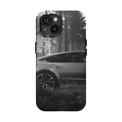 Tesla Model Y Black and White Forest