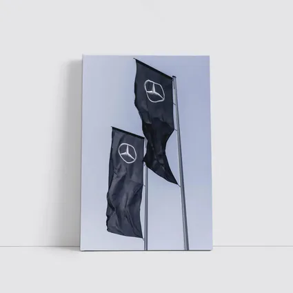 Mercedes Benz Flags Against Gray Sky