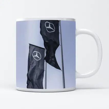 Mercedes Benz Flags Against Gray Sky