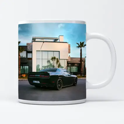 Black Dodge Challenger Parked Outside Modern Villa