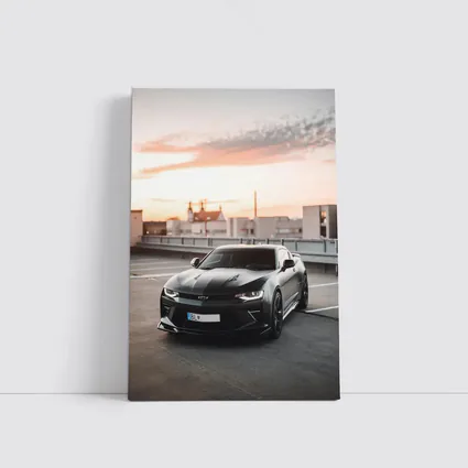 Black Chevrolet Camaro Rooftop Sunset Parking