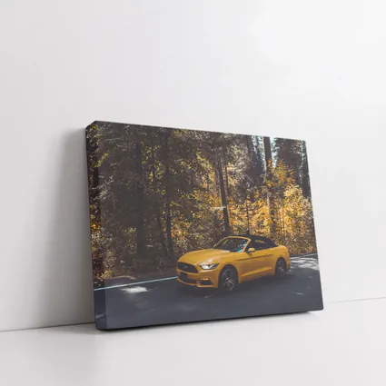 Yellow Ford Mustang Convertible Forest Road