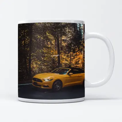 Yellow Ford Mustang Convertible Forest Road